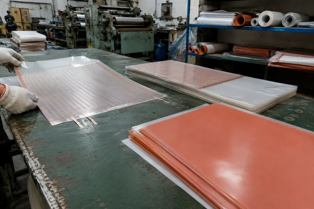 Heating film materials prepared and staged at the start of the line