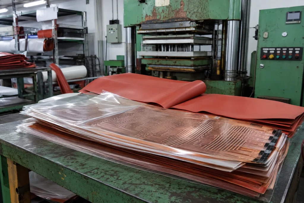 A heater lay-up stacked ready for the press: insulation, element, insulation