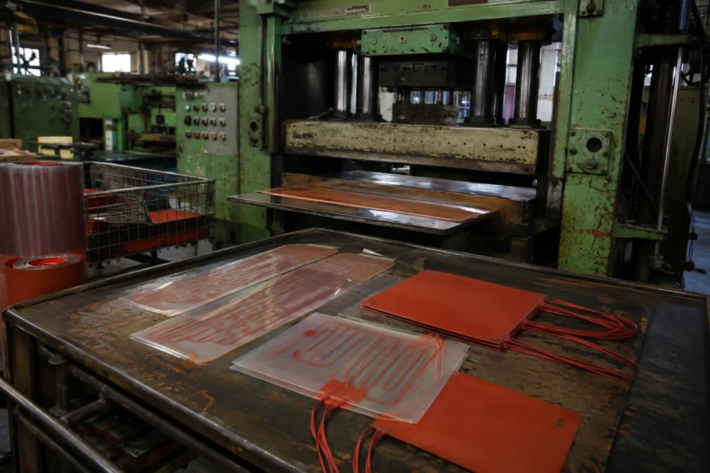 Heated press closing on a heater lay-up