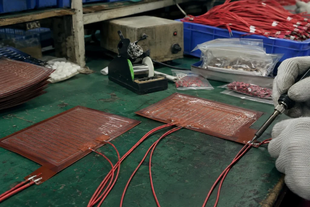 Lead wires being attached and strain relieved at the heater exit