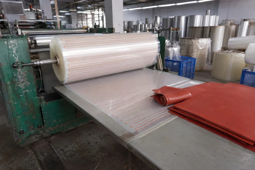 Insulation film being fed from the roll onto the line