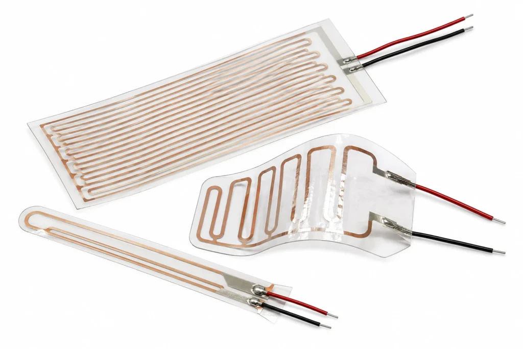 Printed Silver and Etched Copper PET Heaters — the construction this page describes